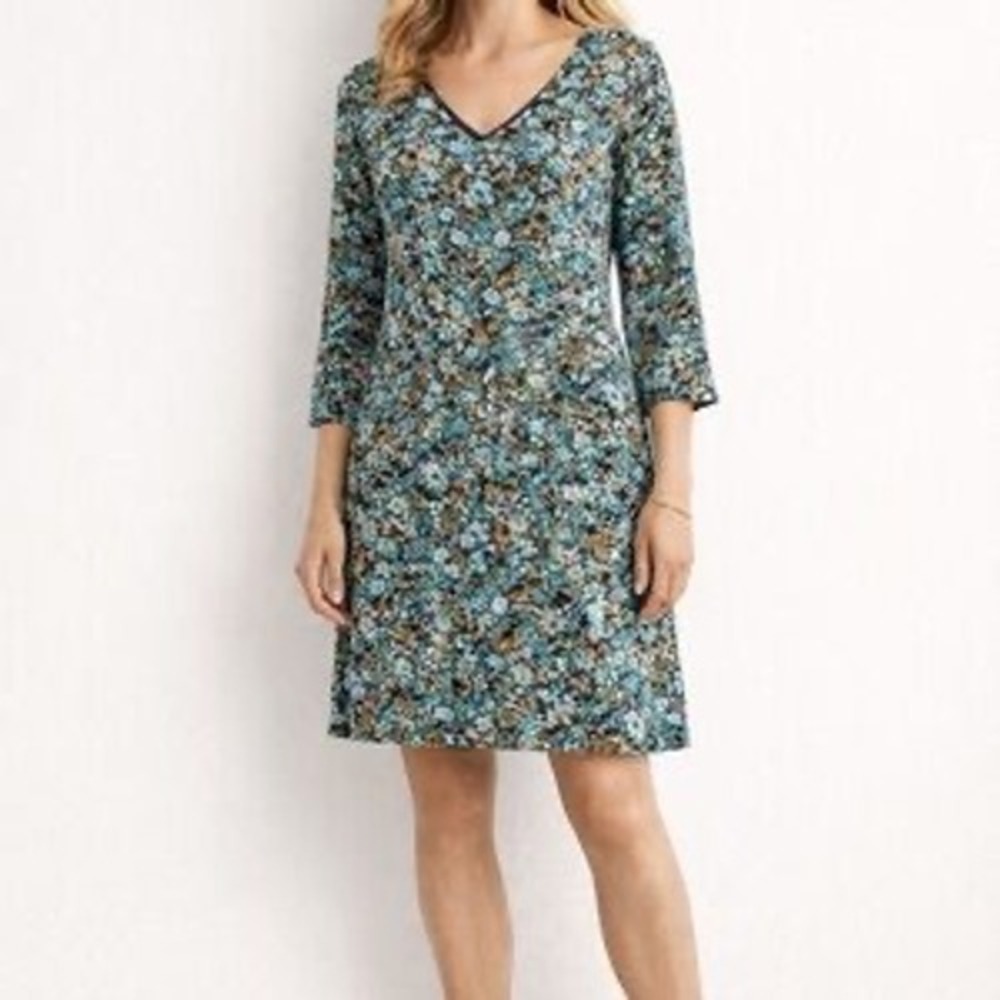 J. JILL Dress Women's XL Floral V-Neck 3/4 Sleeve Pockets Shift Knit Casual